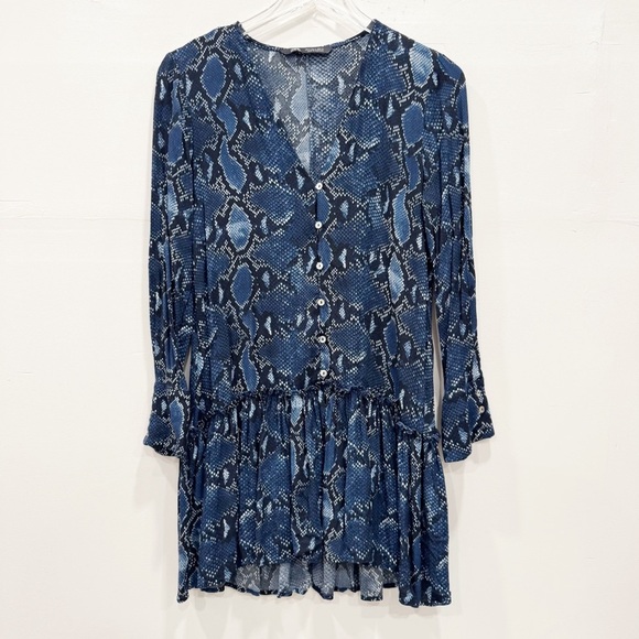 Zara Long Sleeve Blue Snake Print Dress Button Front Long Sleeve Flounce Hem M - Picture 1 of 5